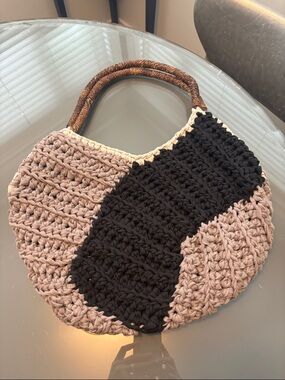 Handcrafted Two-Tone Crochet Shoulder Bag in Black and Taupe